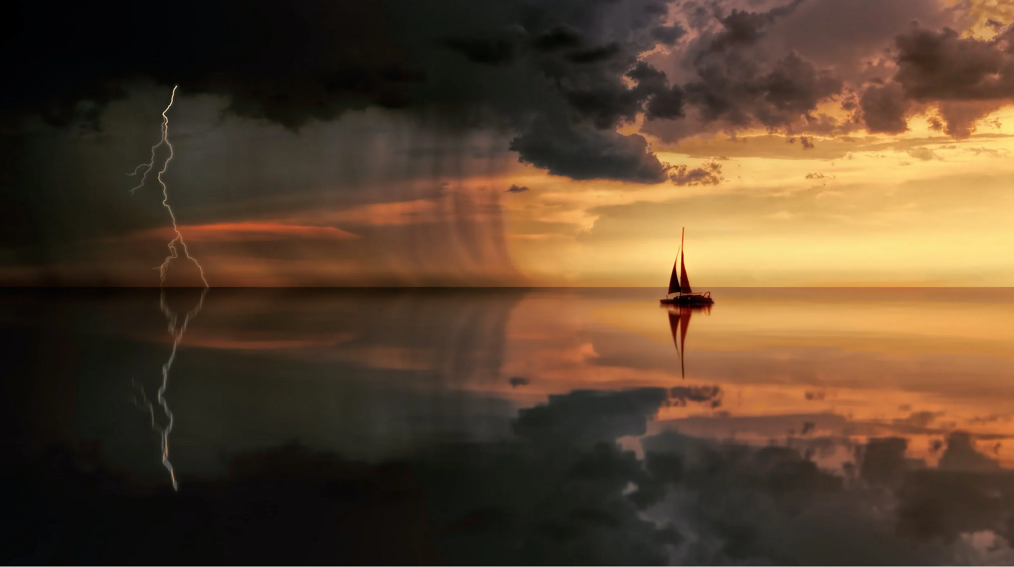 A picture of a lone boat with sails drifting along an ocean during sunset as it heads in towards a cloudy storm with dark clouds looming ahead as a bolt of lighting strikes the ocean.