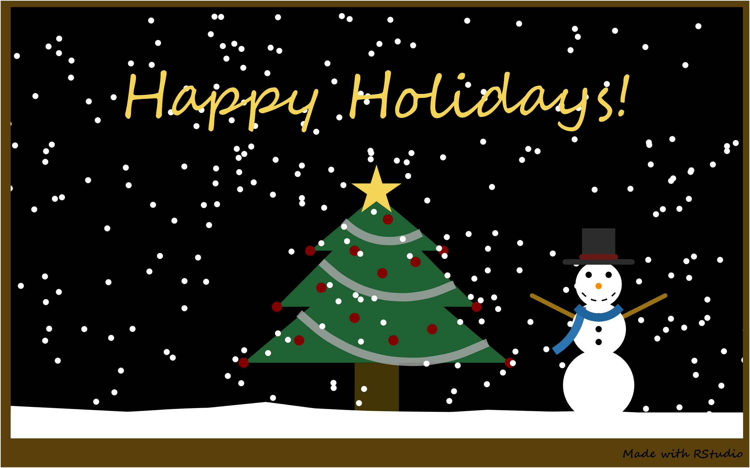 A drawing of a snowy ground featuring a black background with falling snow, a snowman at the right of the picture with a black top hat and blue scarf, and a green Christmas tree with a brown trunk, red, blue, and green ornaments hanging off it, light grey sashes wrapped around the tree, and a yelow star at the top of the tree.  The text at the top reads (in cursive),  'Happy Holidays!' as the photo is wrapped in a light brown frame with a black cursive caption at the bottom right thatreads, 'Made with RStudio'.