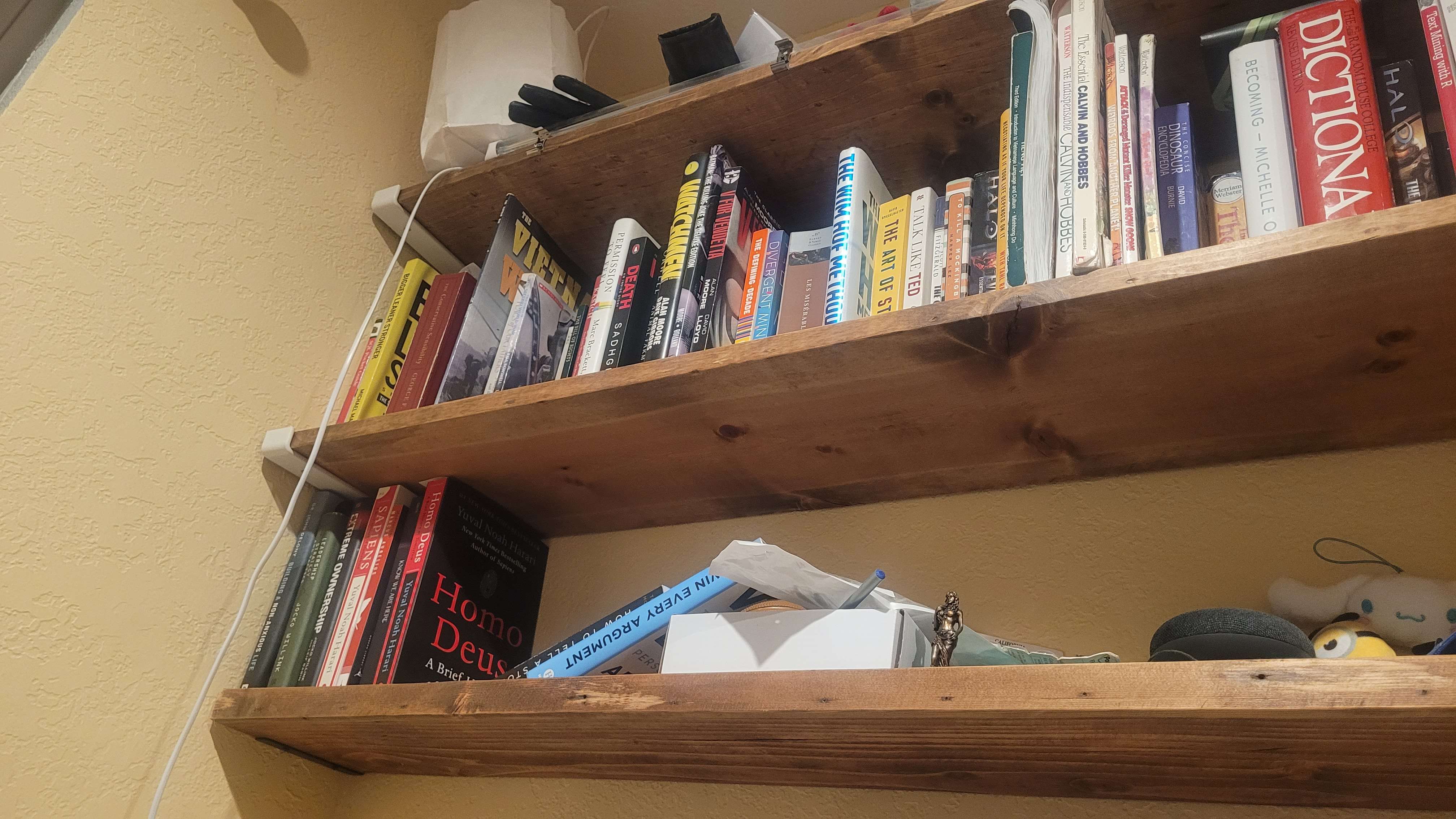 A picture of my two rows of wooden book shelves, containing a variety of books both fiction and nonfiction.