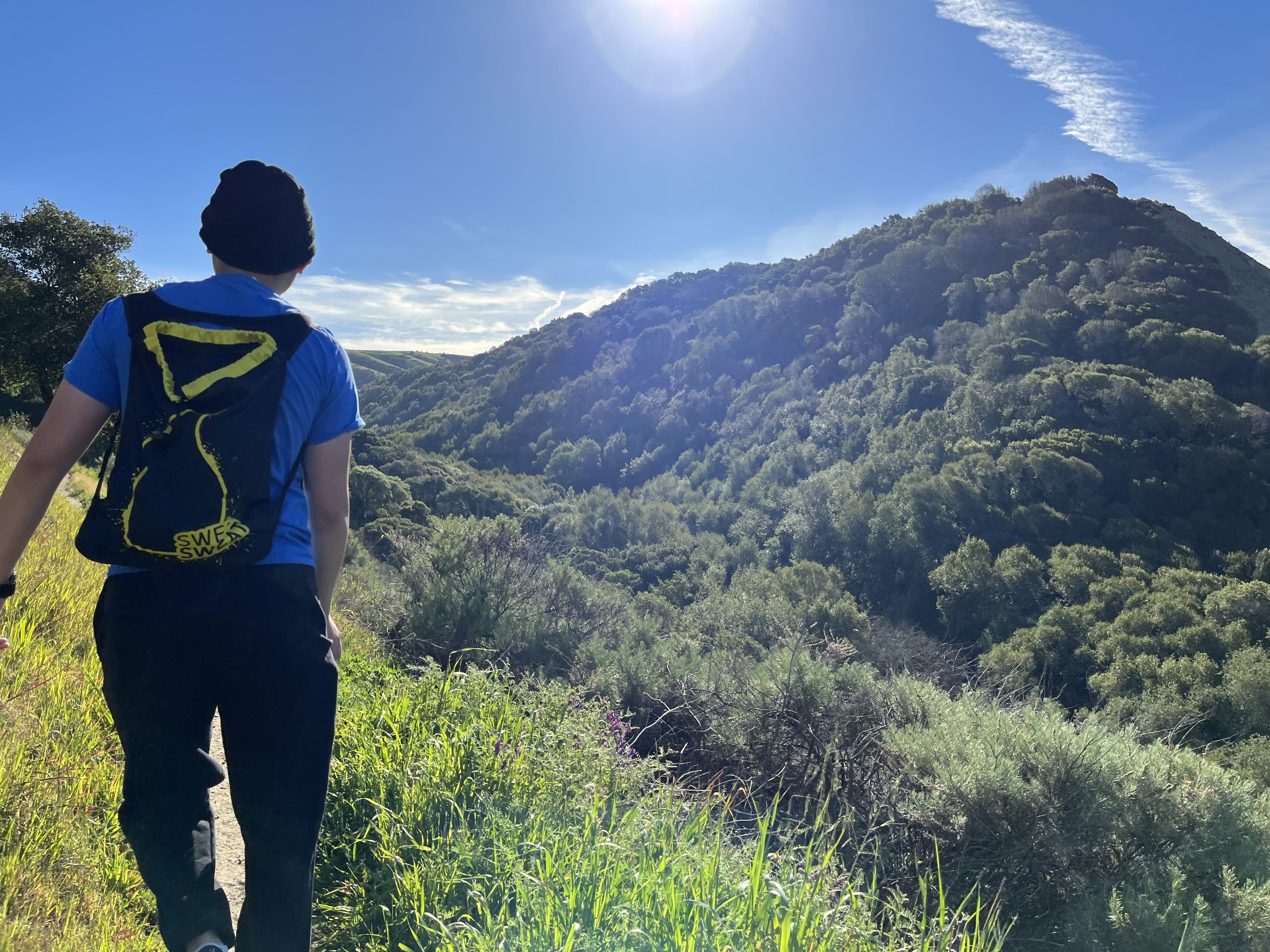 A picture of me from behind as I hike along a trail on the side of a grassy hill heading towards a small valley of forestry against a bright and sunny clear blue sky.
