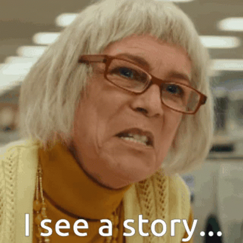 A gif of a woman with glasses in an office setting saying the line, 'I see a story...'  as seen in the movie 'Everything Everywhere All at Once'