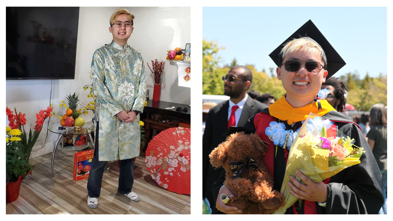 On the left, a photo of me in my green Vietnamese traditional dress against a backdrop of roses, fruit, and red umbrellas.  On the right, me wearing a graduation gown while carrying a bouquet of flowers, a scroll, and a stuffed animal dog in my arms.