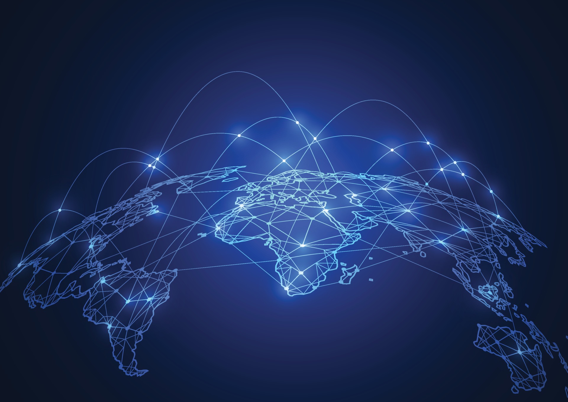 A picture of a dark blue hologram of the globe as we see a bunch of nodes on the planet with lines and curves connecting back and forth between different nodes.
