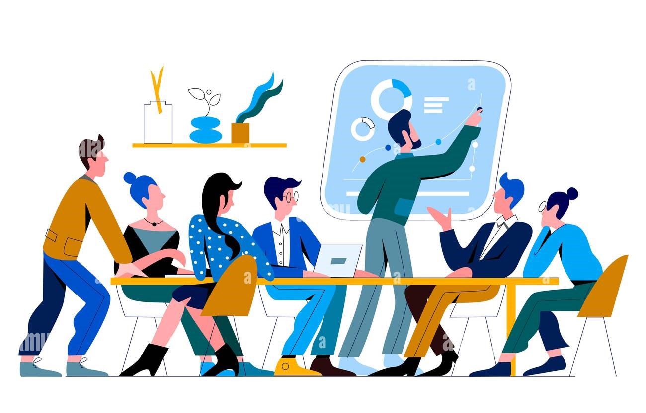 A cartoon of a couple of office workers at a table listening and discussing among themselves during a presentation on a screen an office worker is presenting to them.