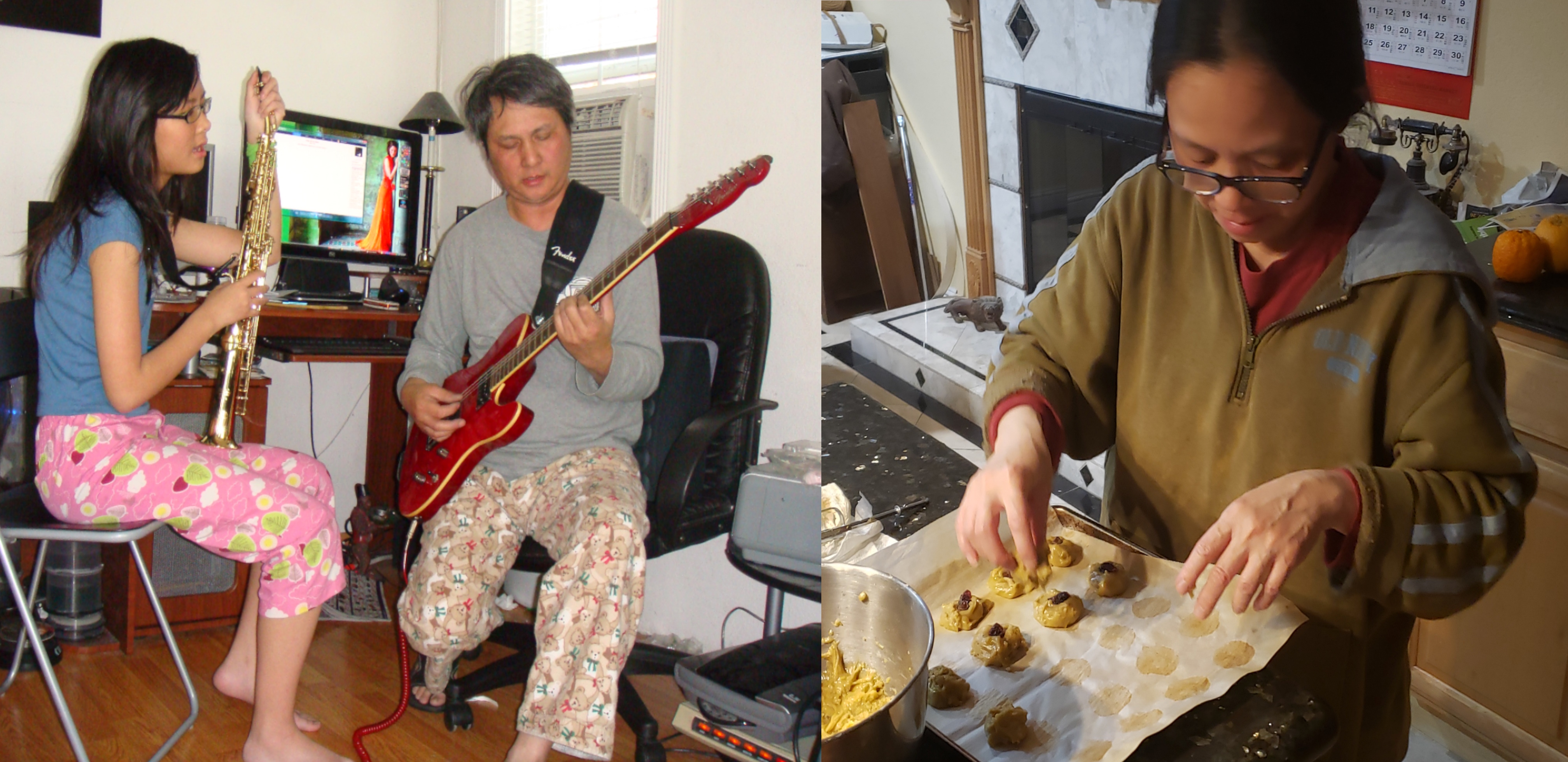 A side-by-side set of pictures where on the left, there's a picture of my younger sister (who's holding a saxophone and singing) sitting down next to my dad (who's strumming a guitar).  On the right, there's a picture of my mom setting down shaped pieces of cookie dough on a baking sheet.