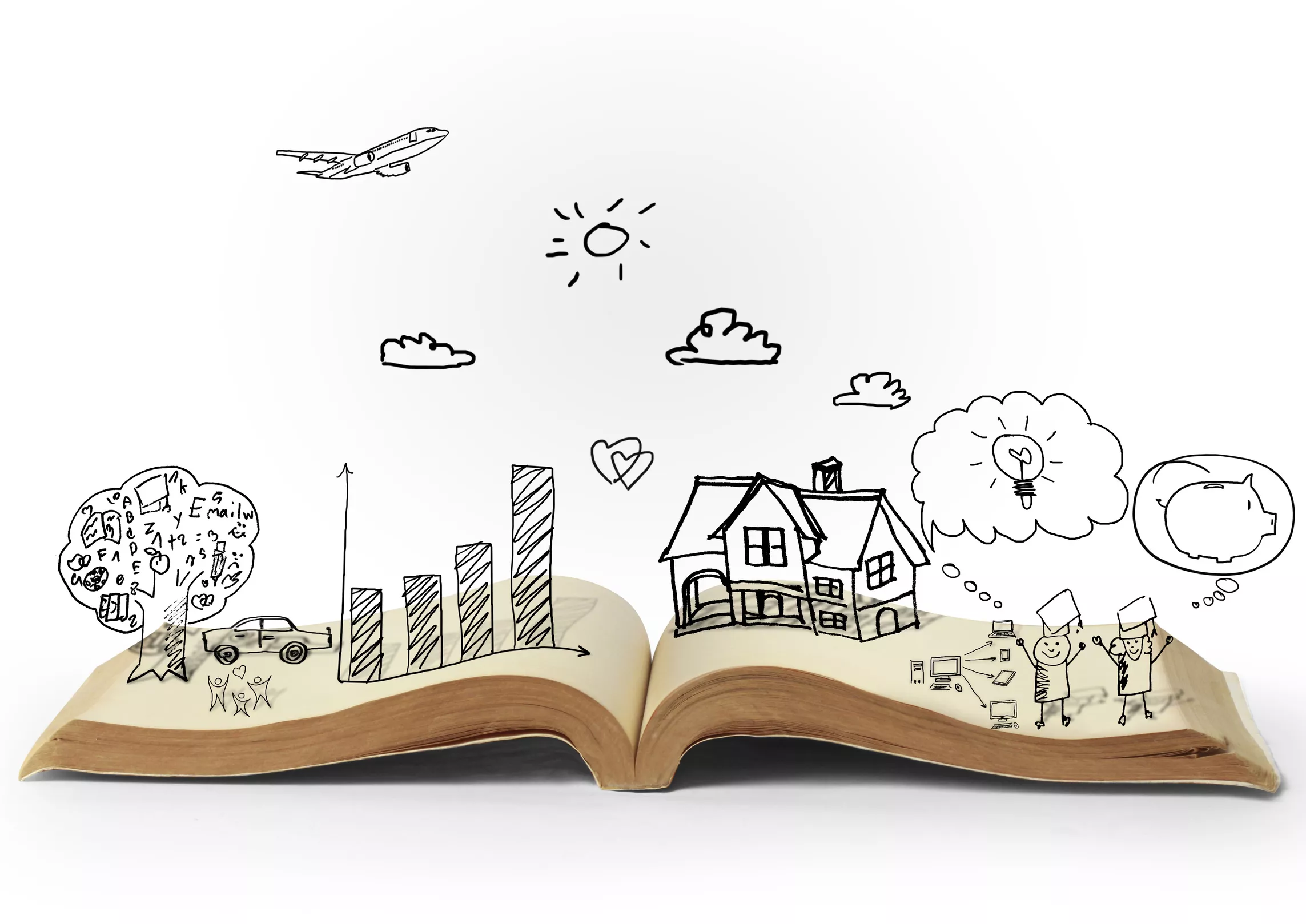An open book with black outlines of a tree, car, a plane flying above clouds and the sun, a house, and people with thought bubbles of a glowing lightbulb and a piggy bank - all of which are popping out of the book.